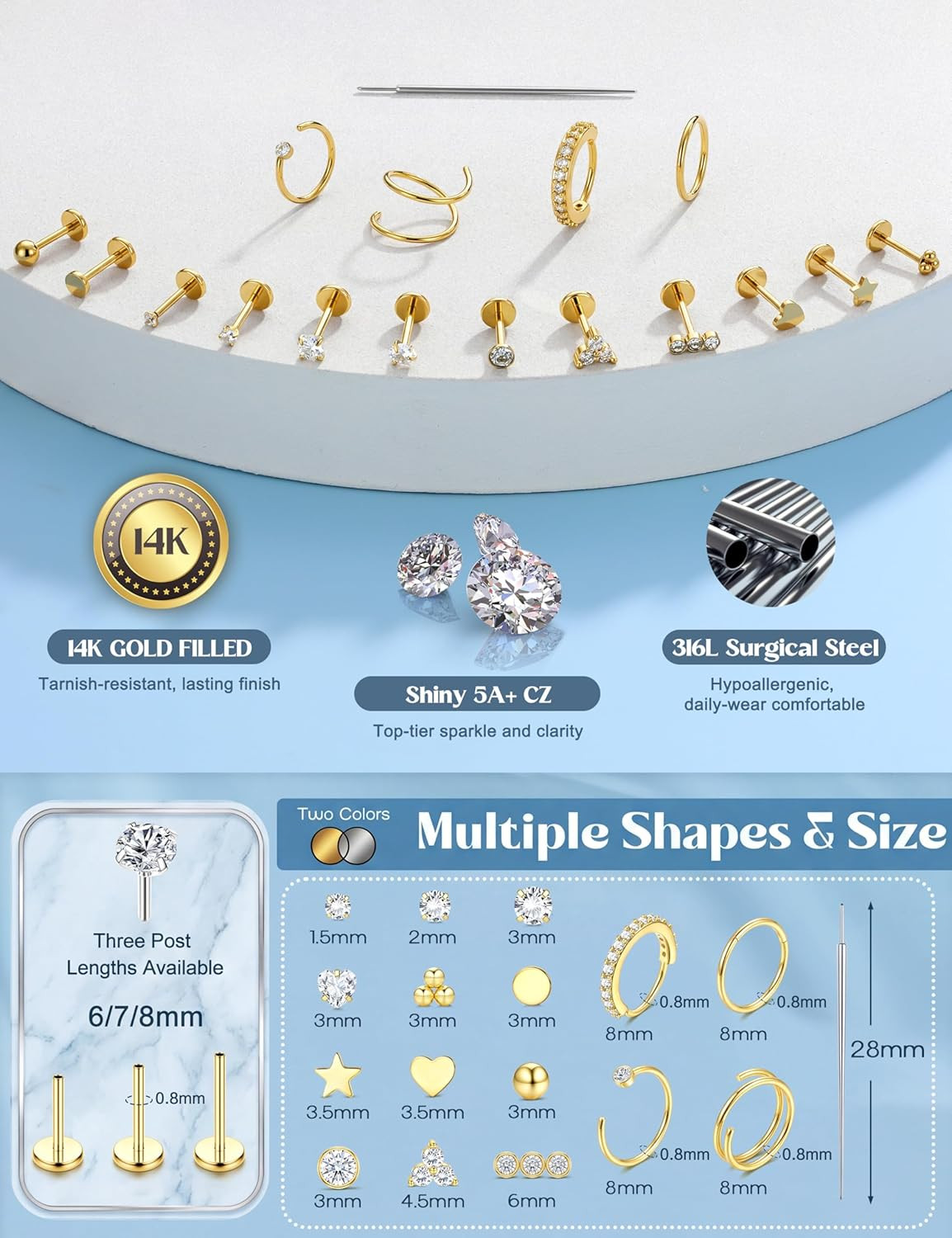 14K Gold Filled Nose Rings Studs Hoops for Women Men 20G 18G Hypoallergenic Surg