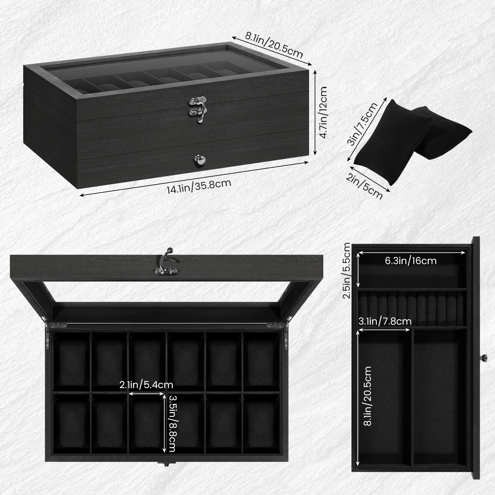 12 Slots Watch Box Organizer Solid Wood Glass Lid Watch Case Jewelry Display Box