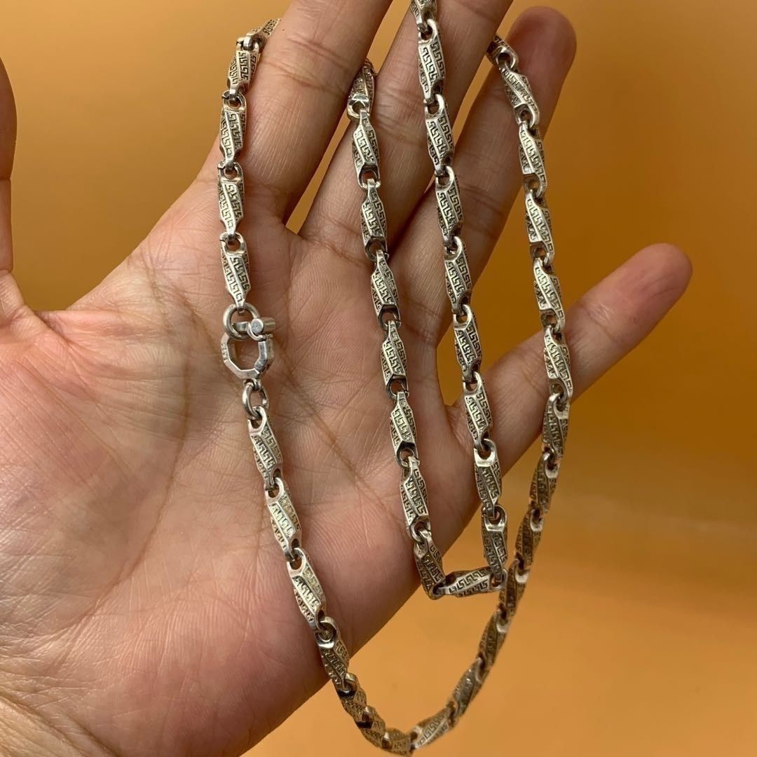 Antique Tone Bamboo Link Necklace Vintage Totem Engraved Solid Tube Chain