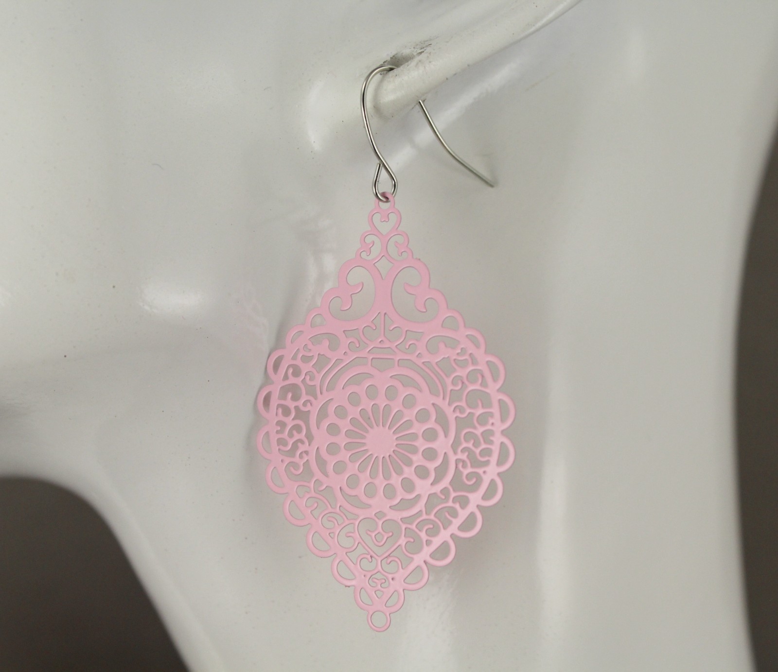 light Pink earrings teardrop dangle VERY lightweight filigree 2 3/8″ long floral