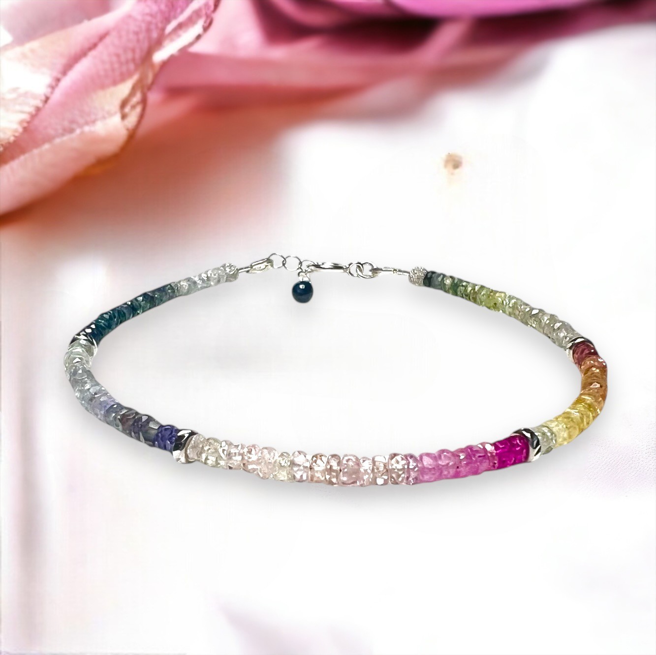 Natural Ombre Rainbow Sapphire Bracelet Solid 14K White Gold, 7 1/2″ – 7.9″