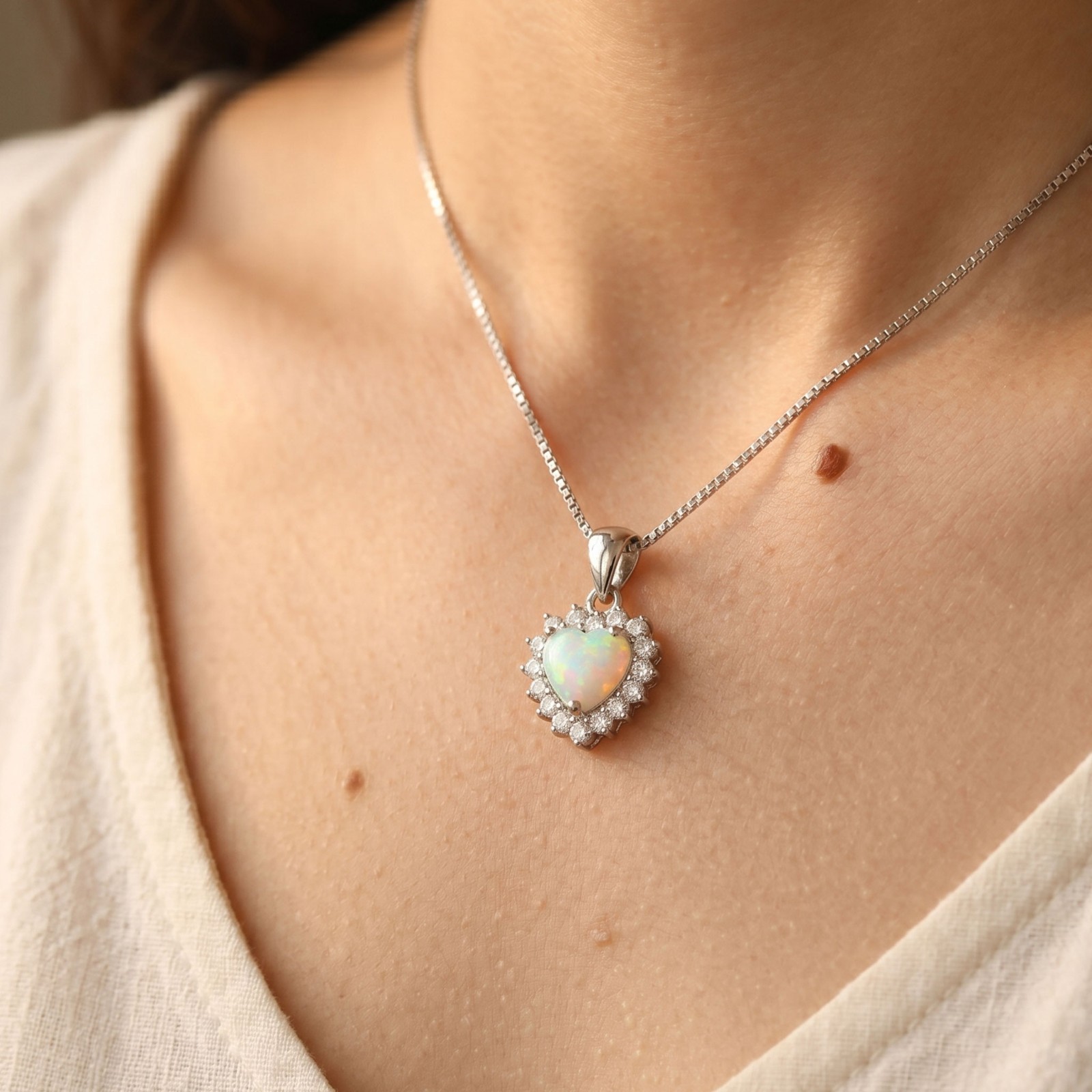 White Fire Opal Crystal Heart Pendant Healing Women Delicate Necklace Gifts