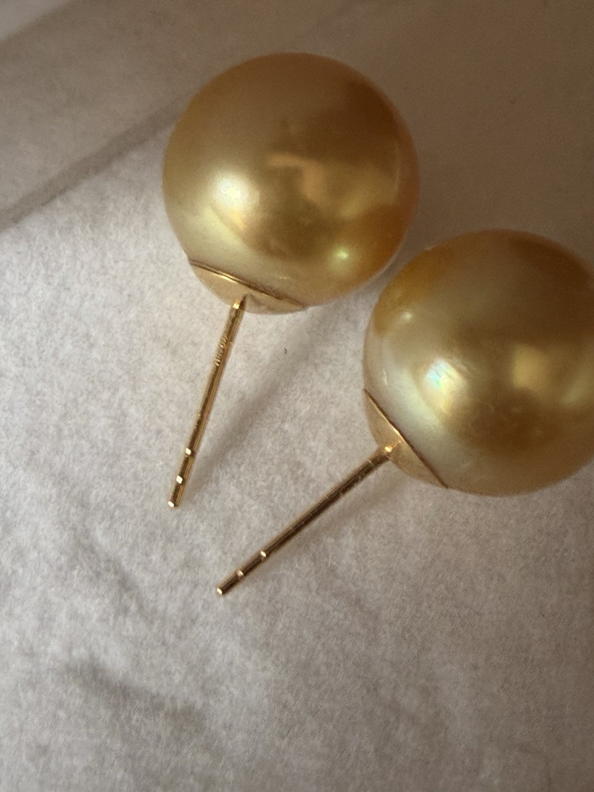 18K gold natural south sea pearl studd earrings champagne gold color 13-14mm