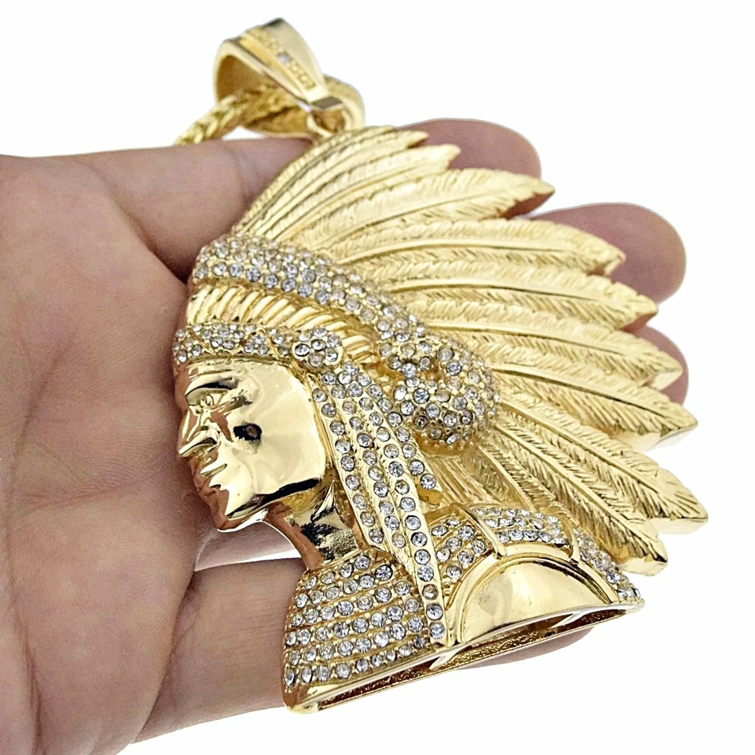 14k Gold Plated Big Apache Indian Chief Simulated CZ Pendant Franco Chain 36″