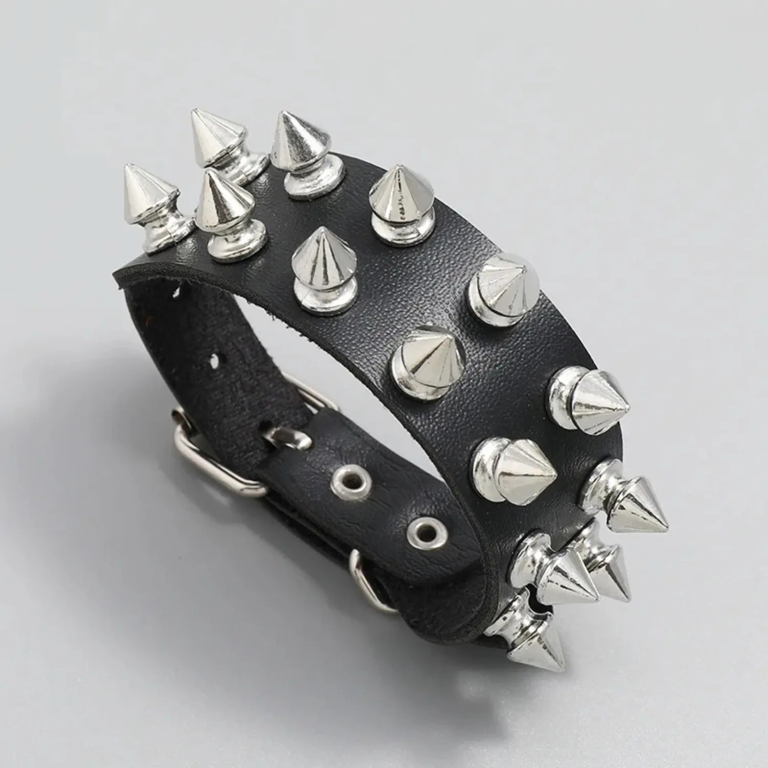 Goth Black Leather Studded Spike Bracelet Adjustable Cuff Unisex Jewelry