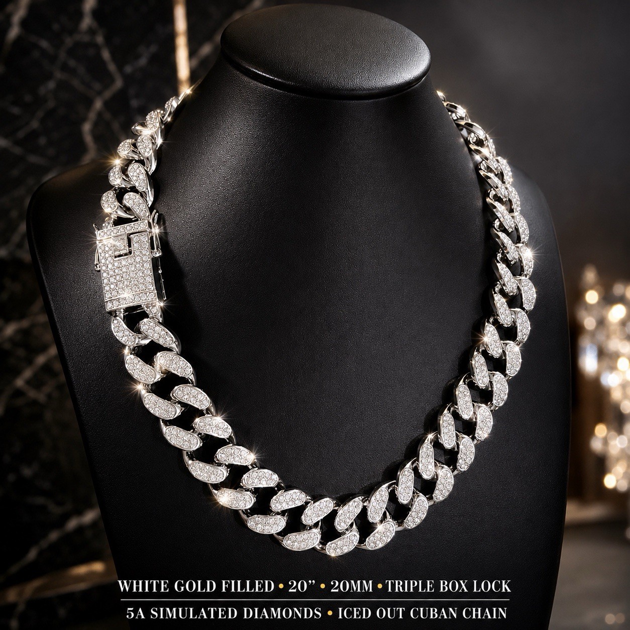 Iced Out Cuban Chain, 20MM, 20” Long, Simulated Stones, White Gold Filled