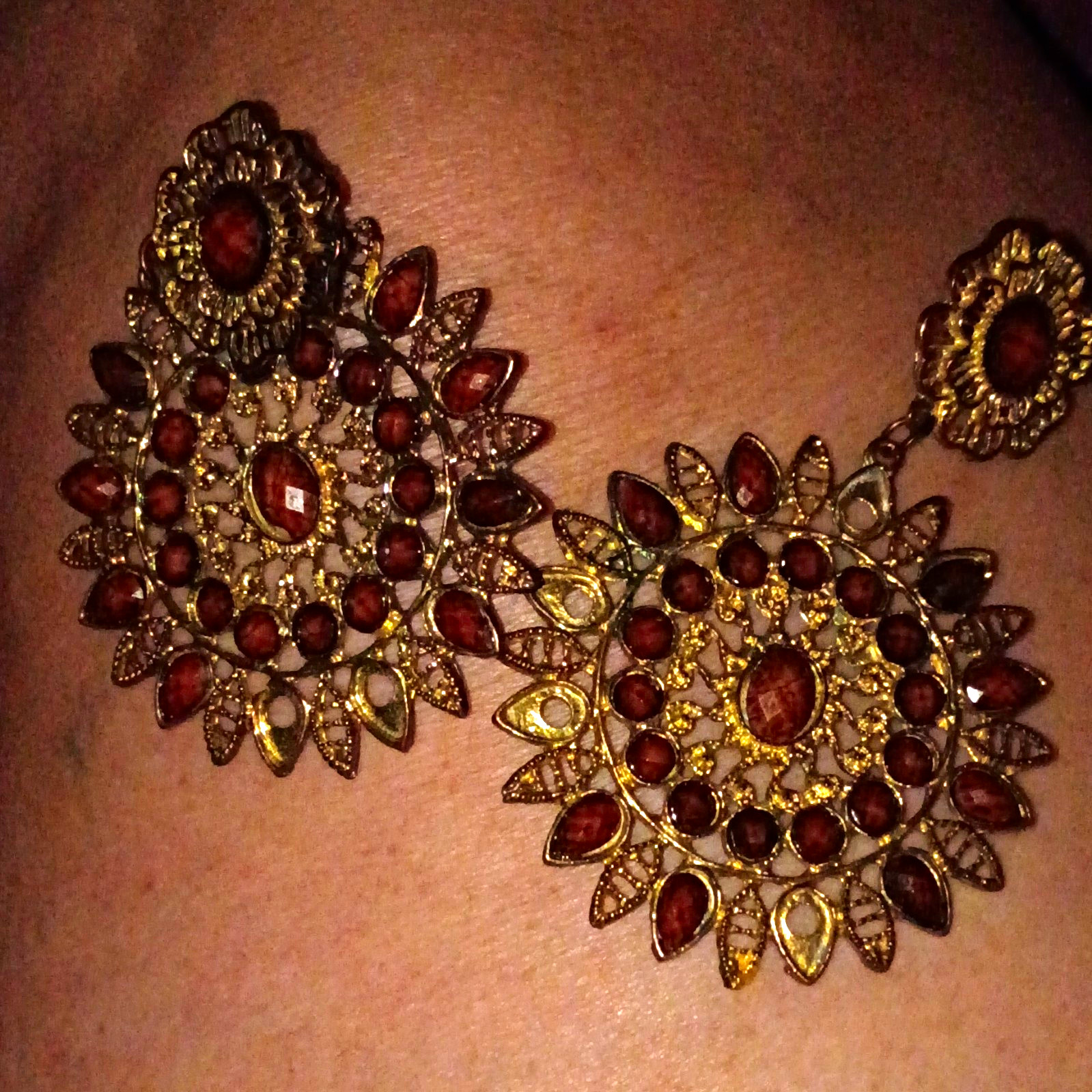 Gold Tone Flower Dangle Drop Earrings Brown Teardrop Crystal Post