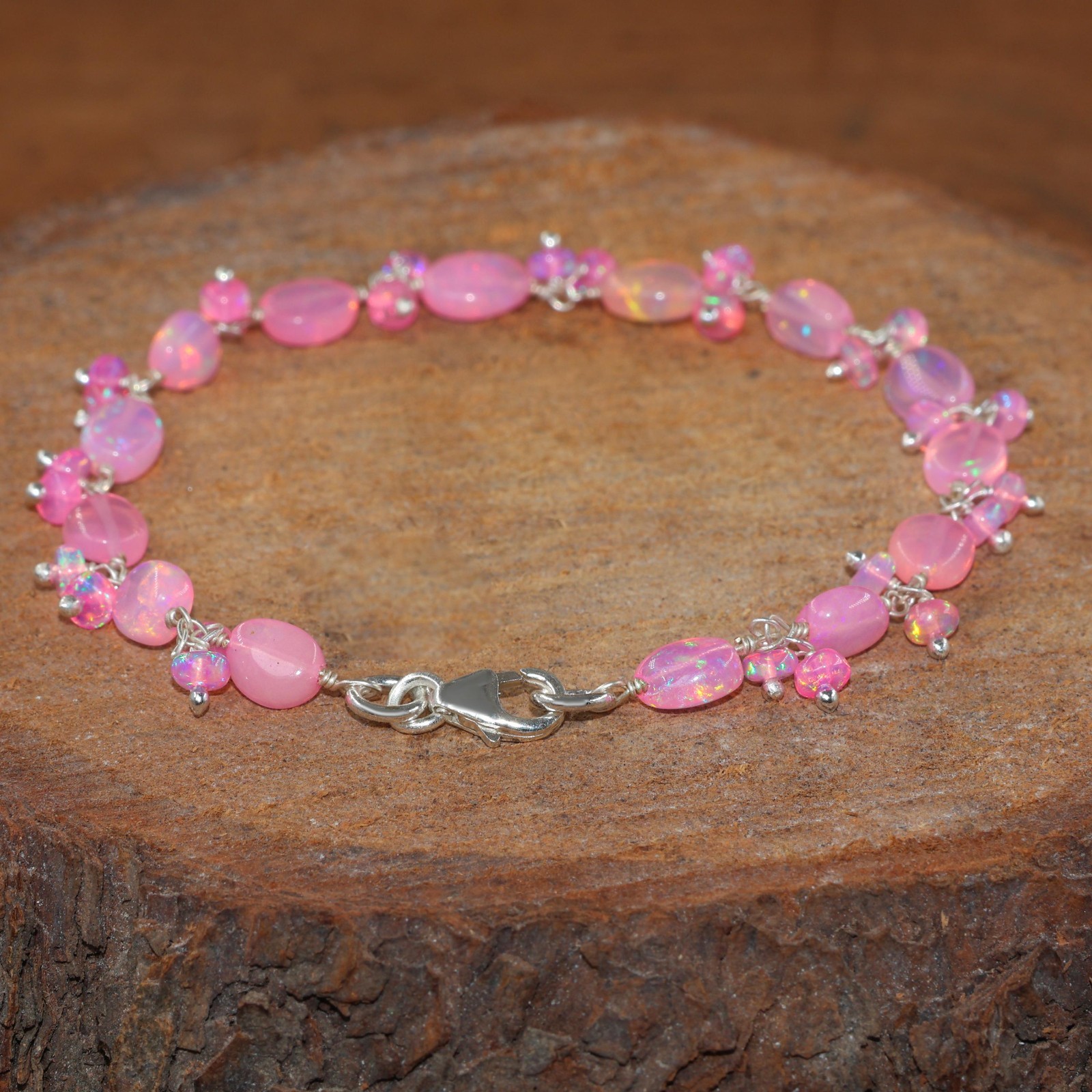 Genuine Pink Opal Gemstone Tumble Beads Bracelet, Natural Fire Opal Bracelet