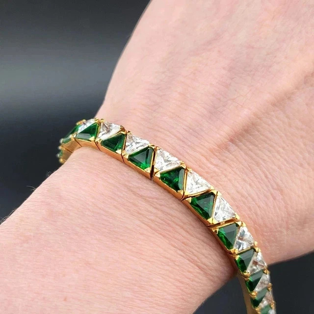 12TCW Trillion Cut Lab Created Emerald & Diamond Tennis Bracelet 14k Gold Plated