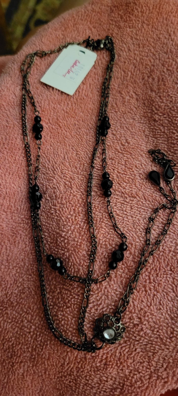 Cookie Lee Black Beaded Y-Drop Teardrop Pendant Necklace, Cable Chain Lobster