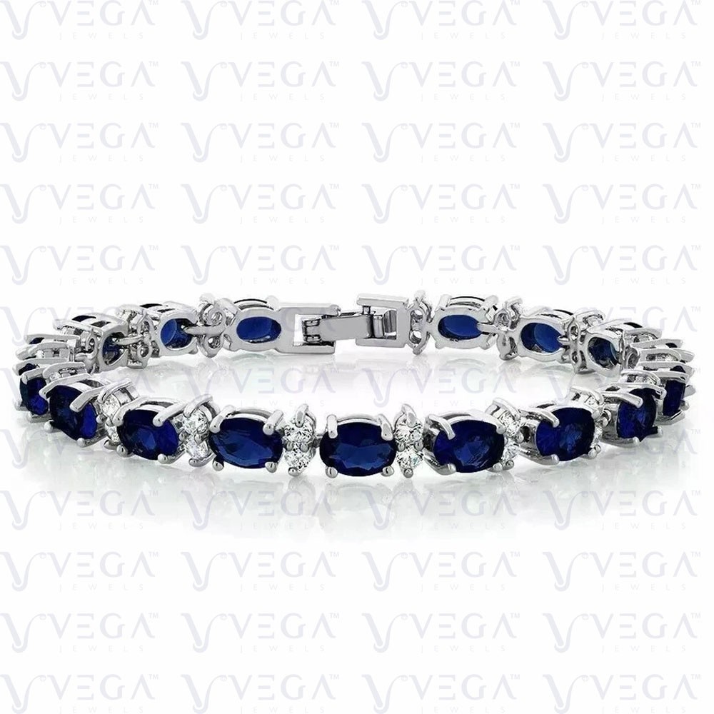 11Crt Oval Cut Natural Sapphire & Diamond Tennis Bracelet 18k White Gold Filled