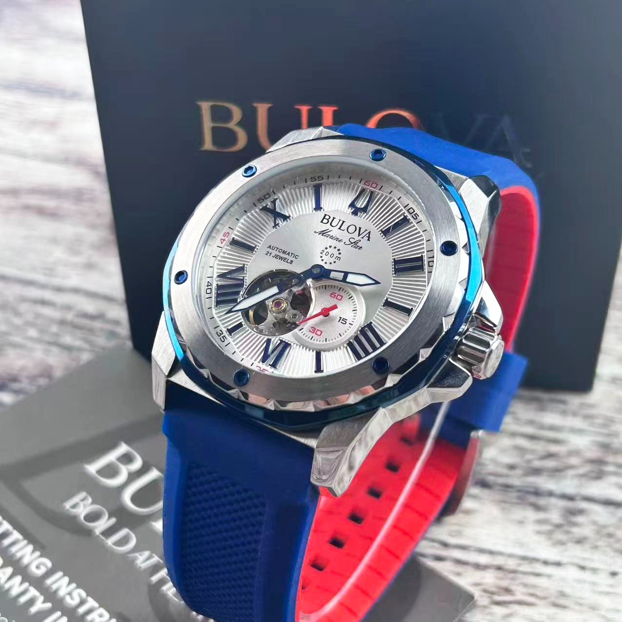 New Bulova Marine Star 98A225 Men’s Automatic Watch White Dial Blue Rubber Strap