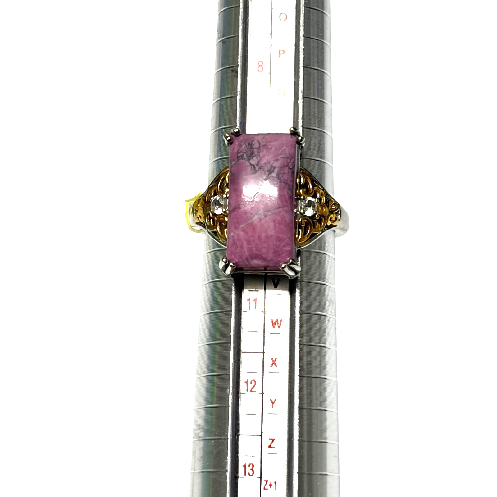 Statement Ring Pink Howlite White Topaz Ion Plated Gold Bonded Size 10 Rectangle