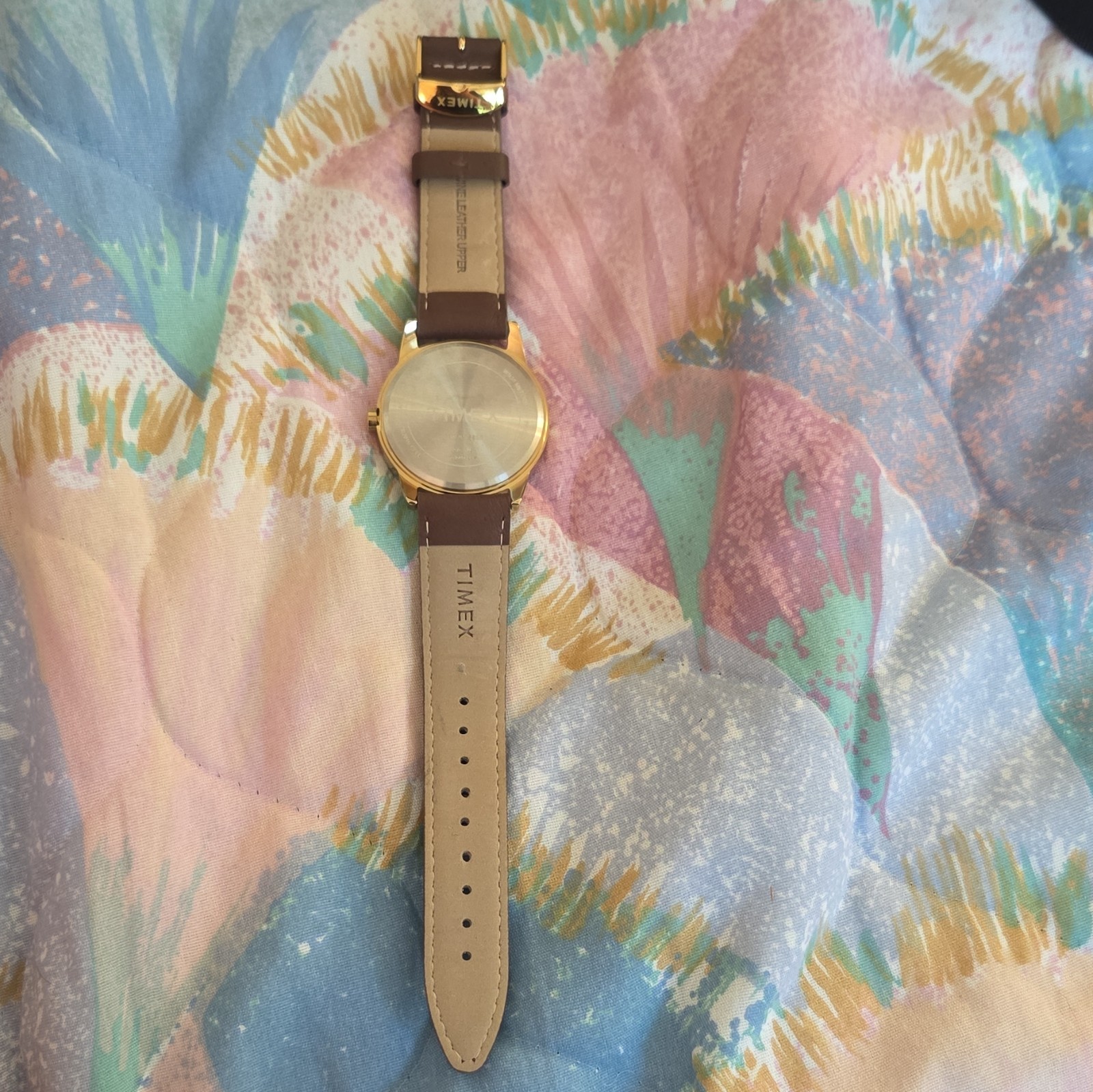 Timex Indiglo Quartz Analog Watch Date WR30M Gold-Tone Case Brown Leather