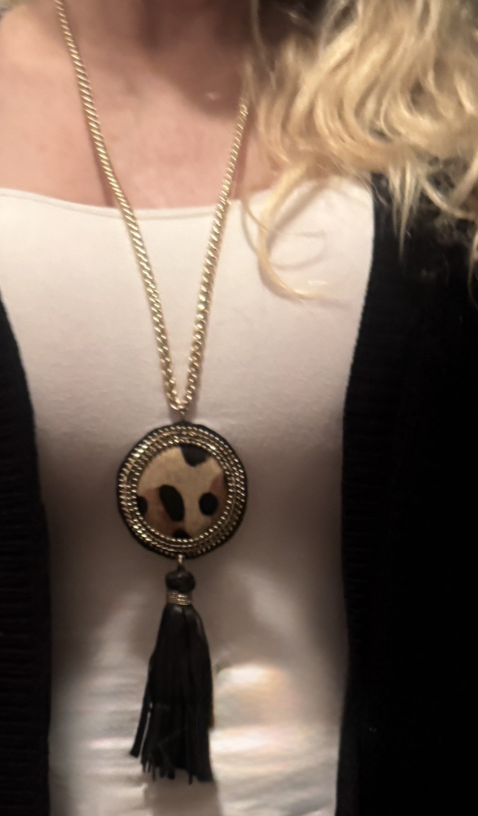 Chico’s Long Leopard Print Medallion Black Tassel Necklace 34″ Gold Tone