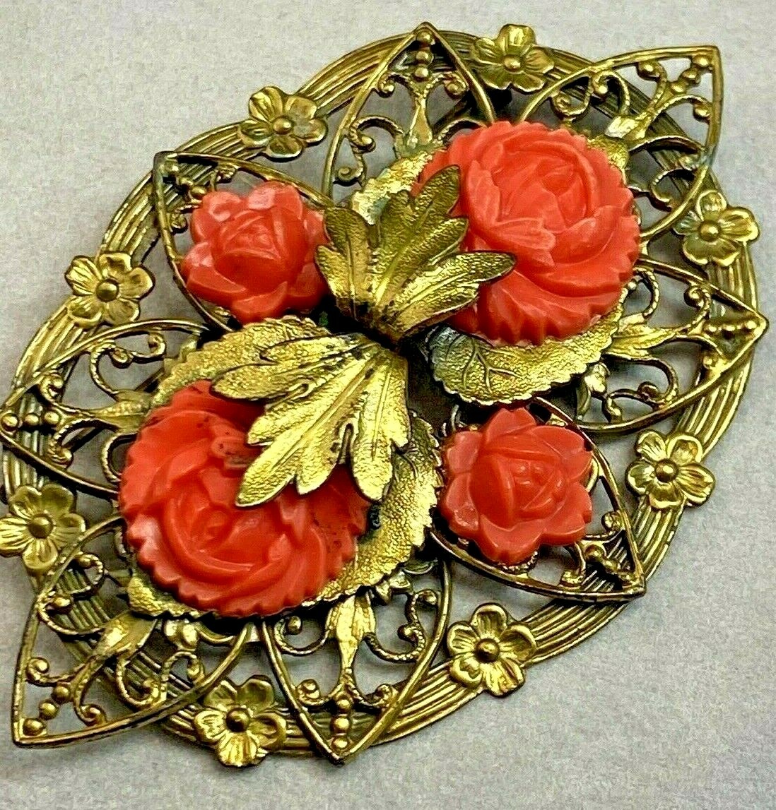 Vintage Filigree Brooch Estate Jewelry Pre-Owned Coral Rose XXL Die Struck