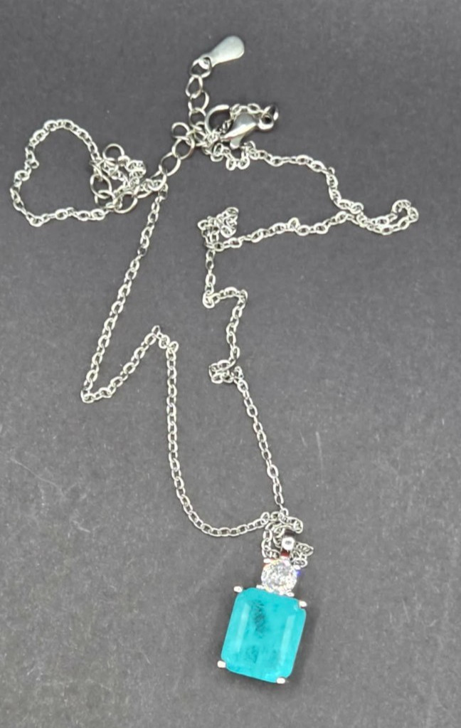 Emerald Cut Silver Tone Turquoise Blue Stone Accent Pendant Necklace