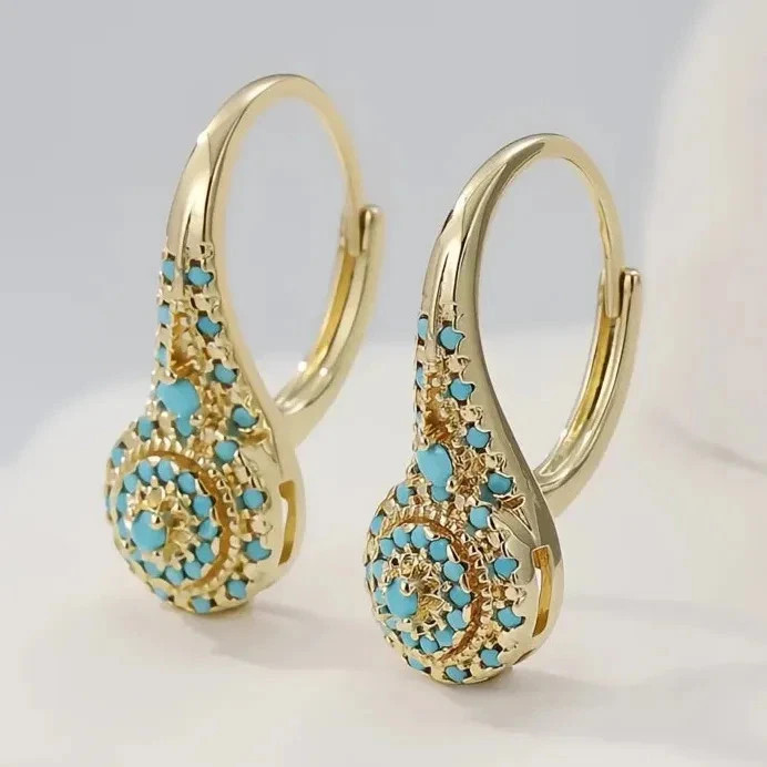 Vintage Style Blue Turquoise Drop Earrings Gold Tone Bohemian Jewelry