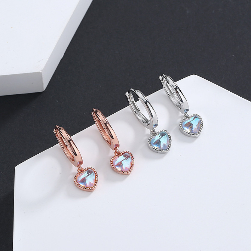925 Sterling Silver LeverBack Hoop Drop Dangle Moonstone Heart Earrings TH3