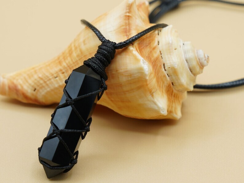 Black Obsidian Hexagonal Healing Reiki Point Wrapped Pendant Men Women Necklace