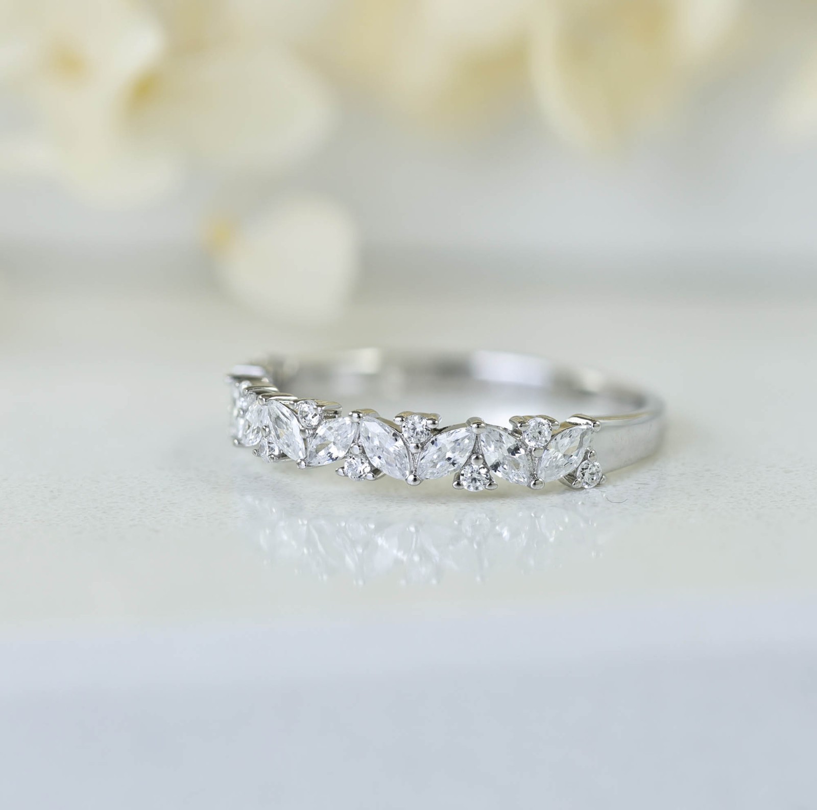 Marquise CZ Sterling Silver Half Eternity Wedding Band Celebration Ring S14166