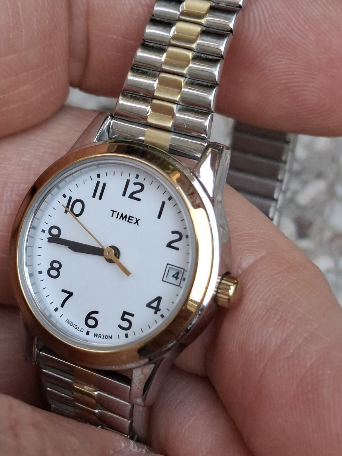Timex Indiglo Two-Tone Quartz Watch Date White Dial WR30M Expansion Band