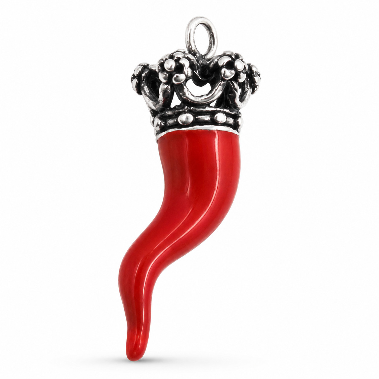 Red Cornicello Crown Pendant 800 Silver Neapolitan Lucky Horn Made in Italy