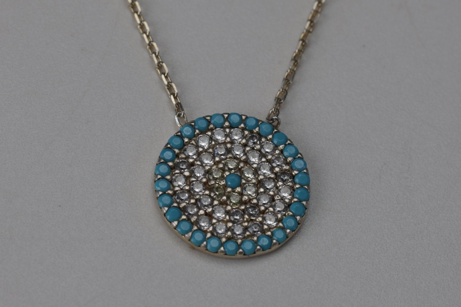 925 Sterling Silver Evil Eye Necklace Turquoise Cubic Zirconia Pave Disc 18