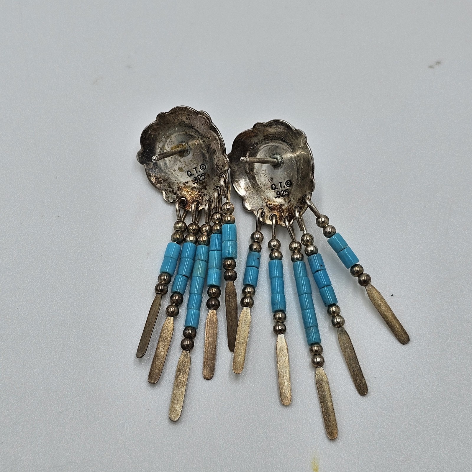 Vintage QUOC QT 925 Sterling Silver Turquoise Dangle Post Earrings Southwestern