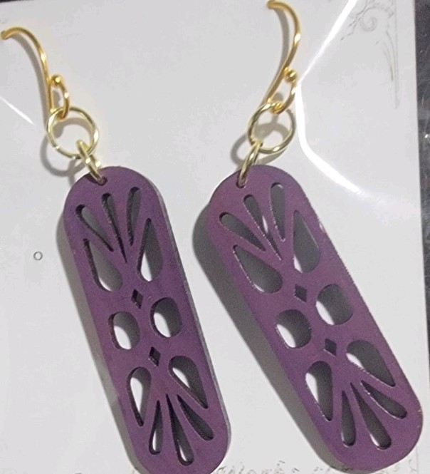 Purple Wooden Rectangle Cutout Dangle/Drop Hook Earrings, No Stone