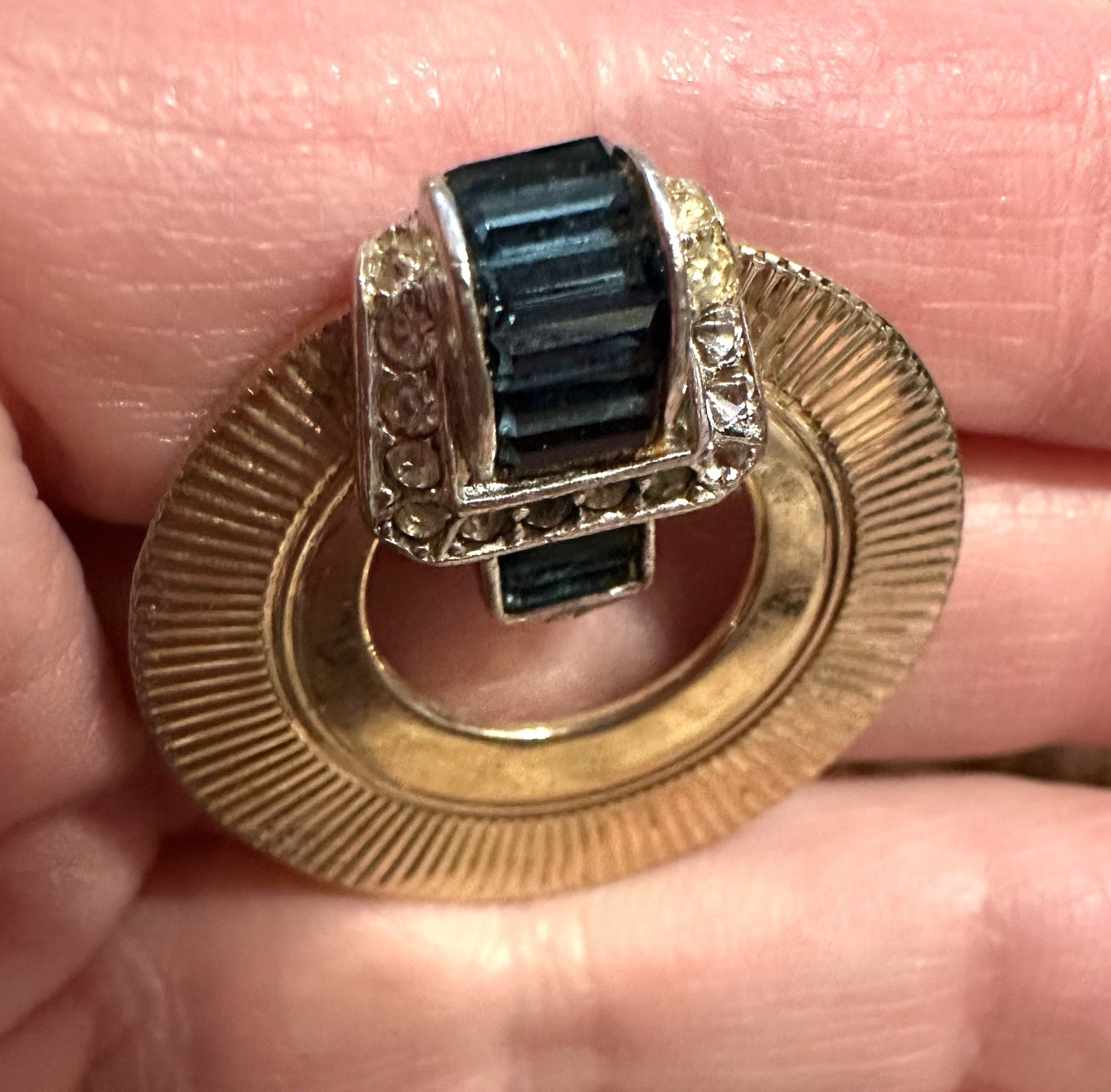 Boucher Circle Pin W/ Buckle Blue Rhinestones