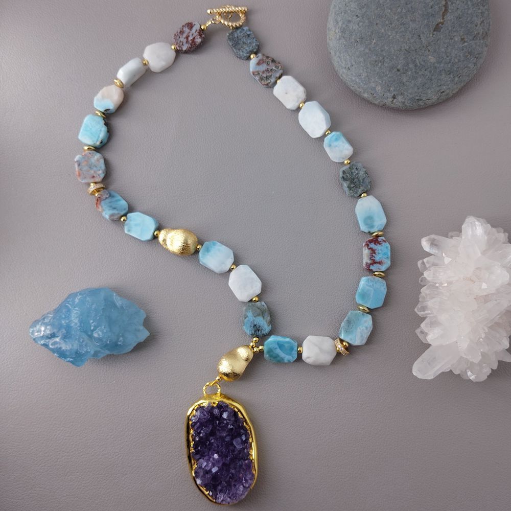 Natural Stones Larimar Amethyst Druzy Pendant Necklace Beaded Designer