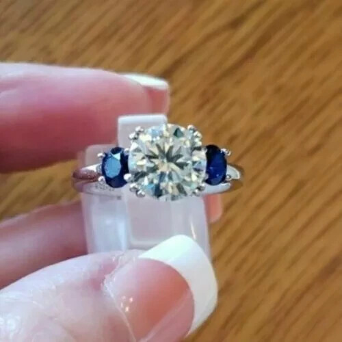 2Ct Round Created Diamond Sapphire 3 Stone Engagement Ring 14K White Gold Over