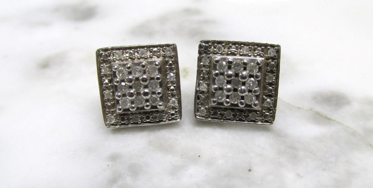.50ctw Diamond Sterling Silver Square Stud Earrings ~ 4 grams ~ 3-E272