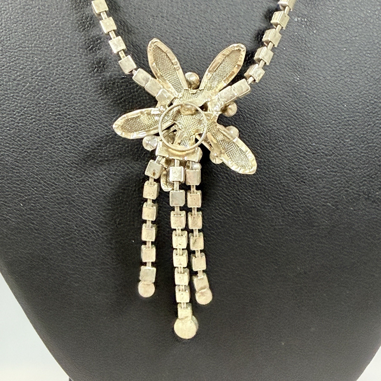 Vintage Rhinestone Necklace Choker Flower Lightweight Adjust up to 16″