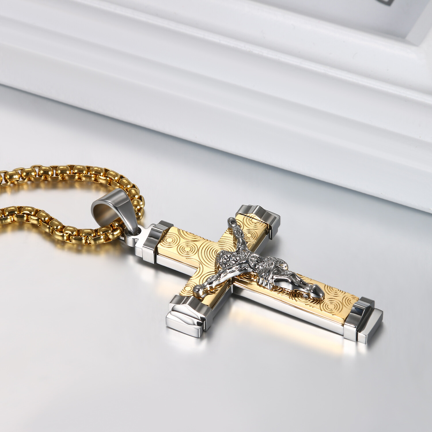 Men’s Silver Plated Christ Jesus Cross Crucifix Stainless Steel Pendant Necklace