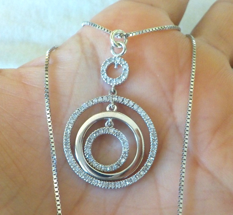 14K White Gold Triple Circle Drop Diamond Necklace – 6.50 gms, 17 in, 0.42 ctw
