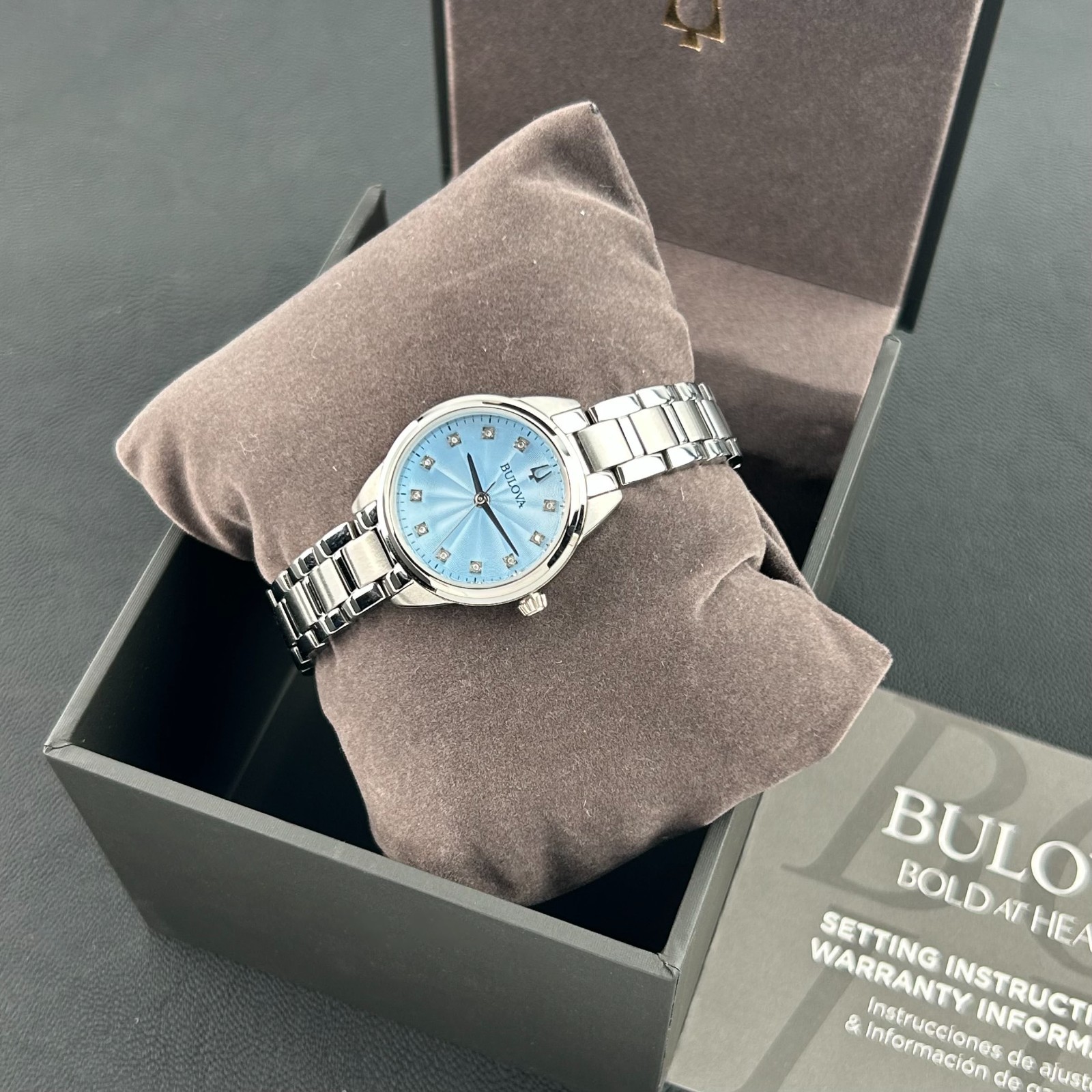 New w/box Bulova Sutton Diamond Blue Dial Women’s 28mm Quartz Watch 96P250