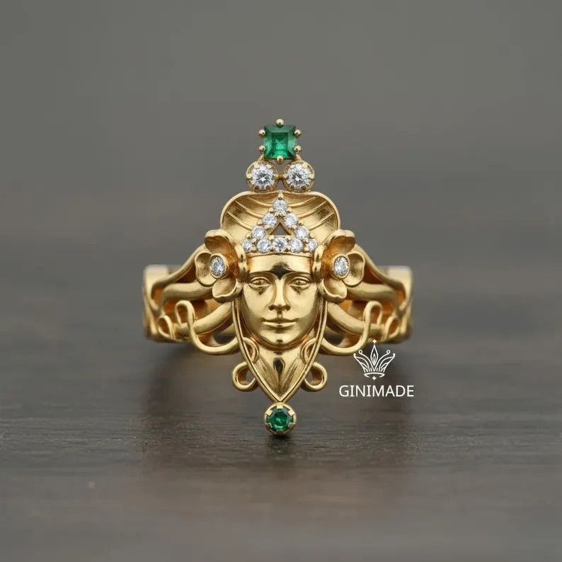 Art Nouveau Gold Goddess Face Ring w/ Emerald & Diamond