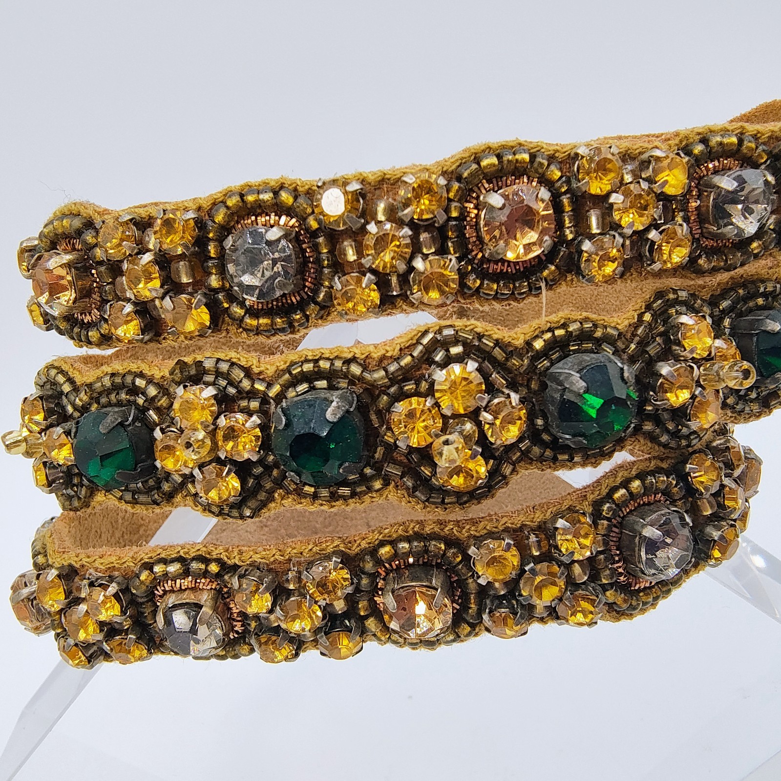 Bohemian Maximalist Cuff Bracelet Faux Leather Green Amber Color Rhinestone