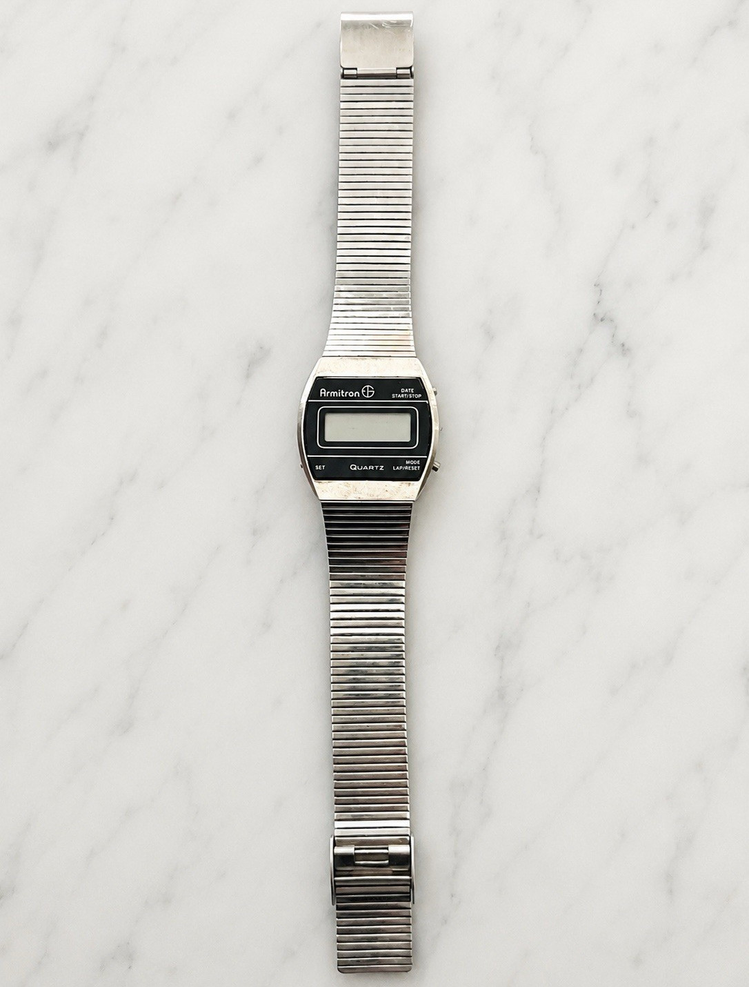 Vintage Armitron Quartz LCD Digital Watch Stainless Steel Stretch Needs Battery