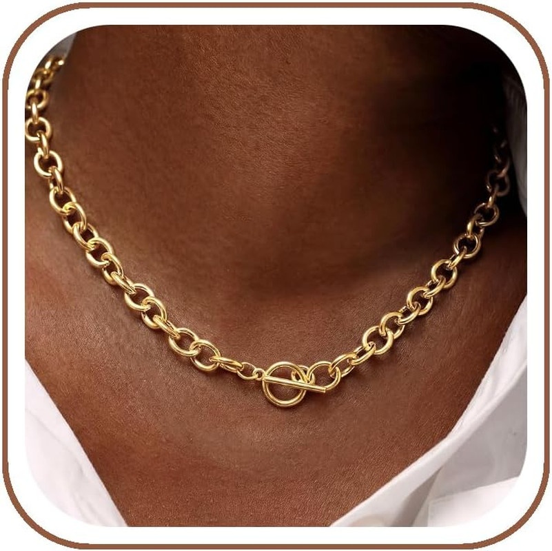 14K Gold Plated Chunky Necklace for Women, Trendy Paperclip Choker Necklace Stat