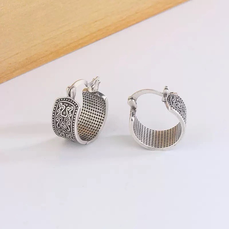 925 Silver Vintage Hoop Earrings Retro Engraved Wide Huggie Hoop Earrings A26