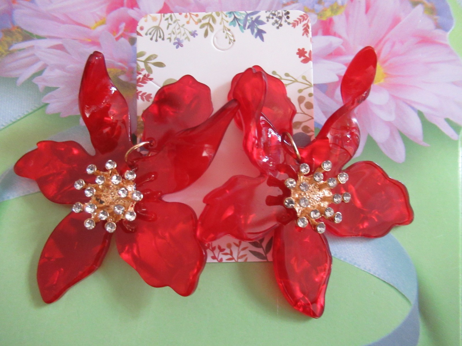 LARGE Lily Flower Acrylic Rhinestones Statement Christmas Earrings -U CHOOSE