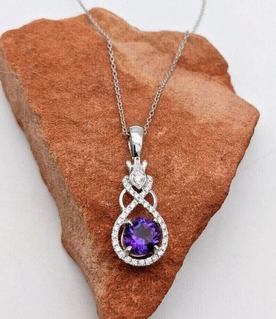 14K White Gold Plated Round Cut Lab Created Purple Amethyst Pendant with Chain