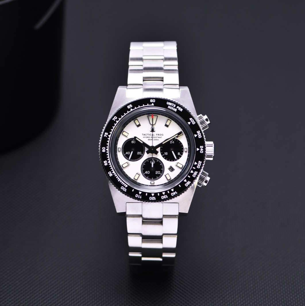 TACTICAL FROG VS75B Solar Power Quartz Chronograph Watch Paul Newman Panda 41mm
