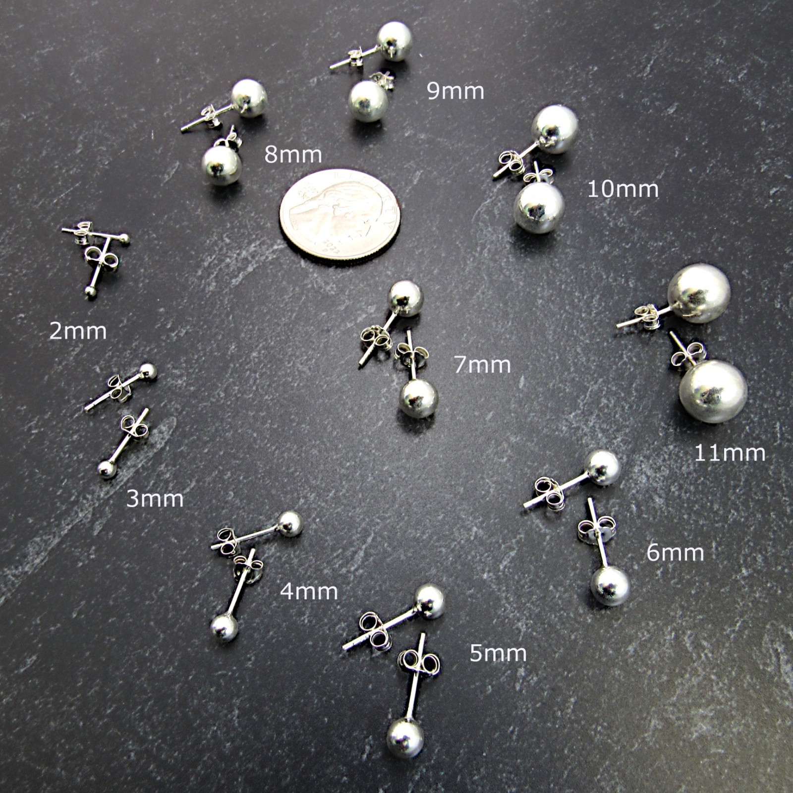 Solid 925 Sterling Silver Round Ball Stud Earrings with Butterfly Pushback Clasp