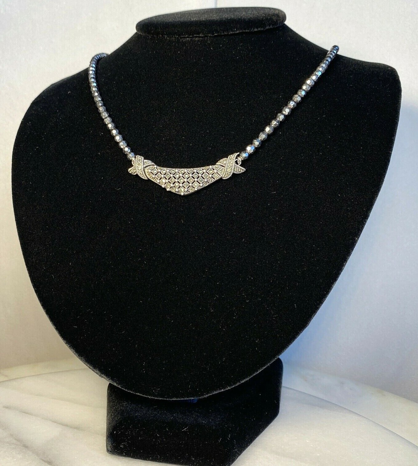 Vintage Necklace Sterling Silver Marcasite X Kiss Estate Fine Jewelry Pre-Owned