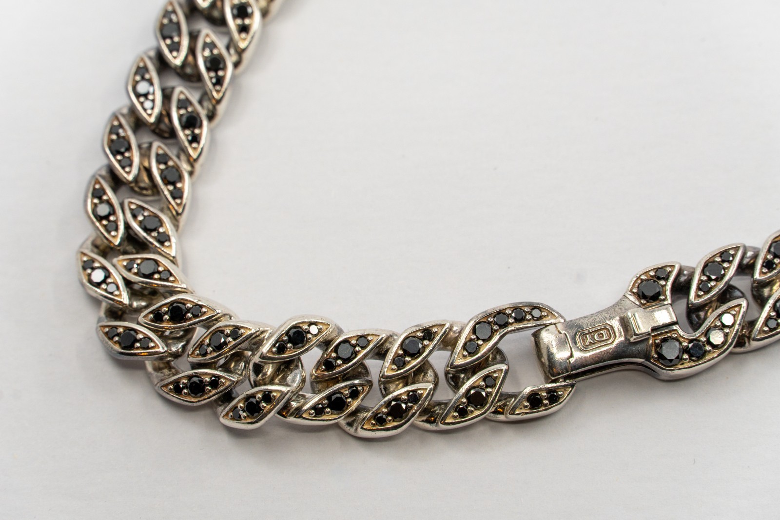 David Yurman Curb Chain Necklace Sterling Silver with Black Diamonds 11.5mm