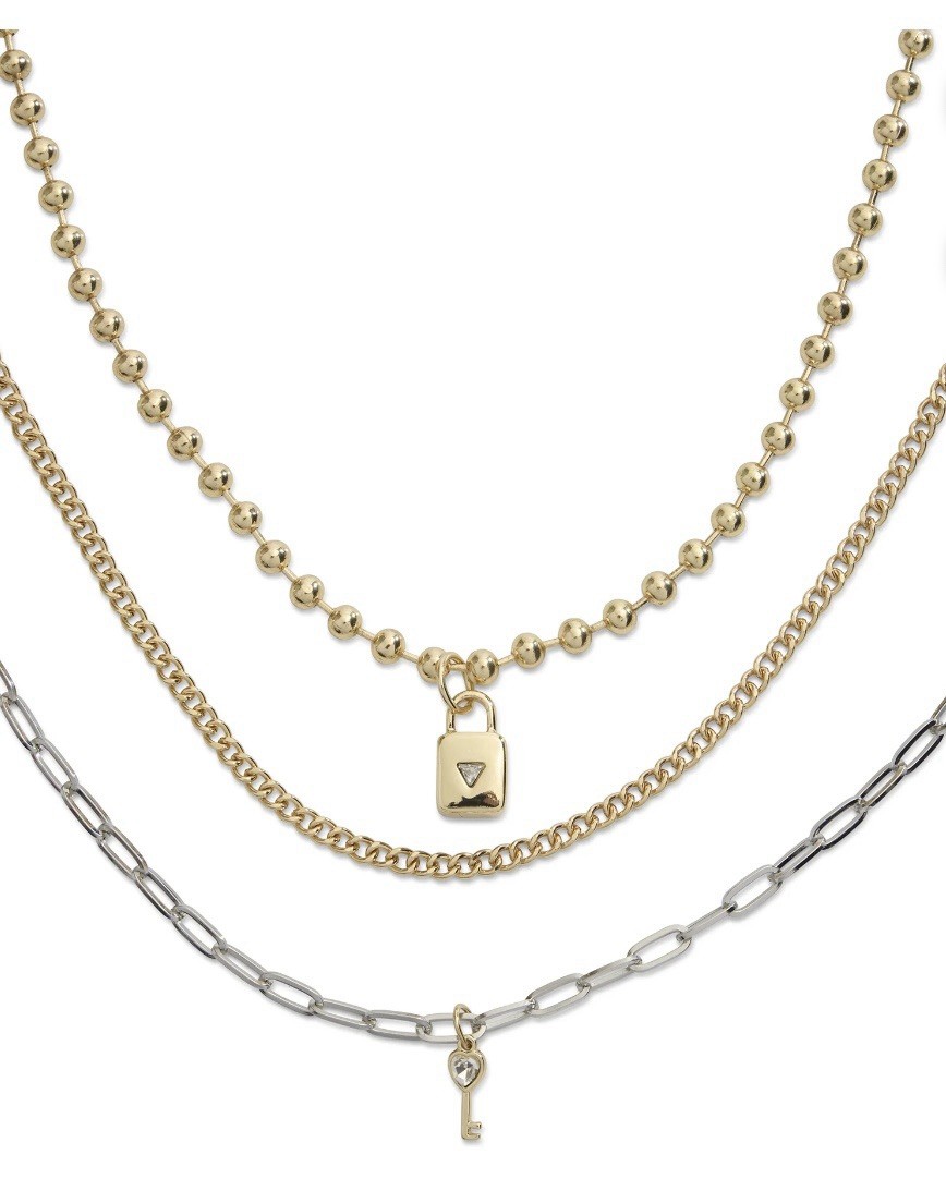 Madden NYC Two Tone Lock Key Layered Necklace Set 3 Pc Gold Silver NWT